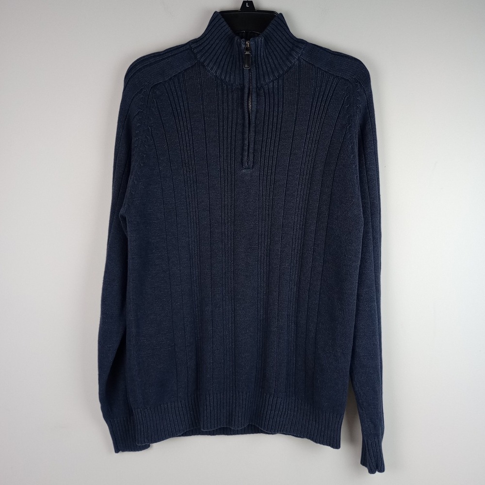 Oscar De La Renta Mens M Blue Quarter Zip Ribbed Knit Pullover Sweater